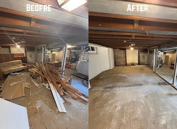 Basement cleanout before and after — fully cleared