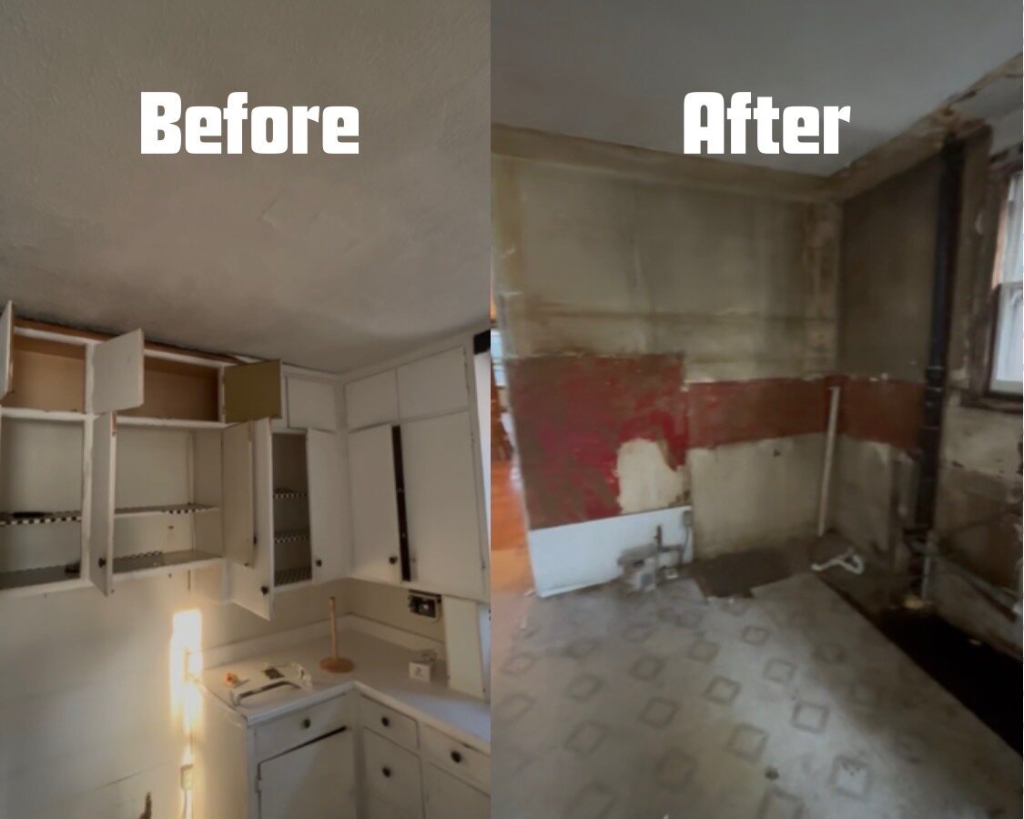 Before and after kitchen cabinet demolition and removal