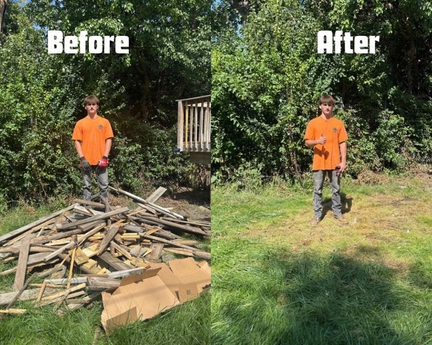 Before and after backyard lumber and debris removal by JYD Services Co.